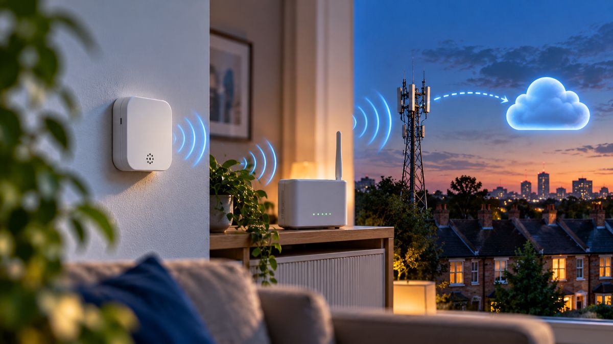 A sensor on a living room wall sends readings by radio to a gateway, which sends them over 4G to the cloud